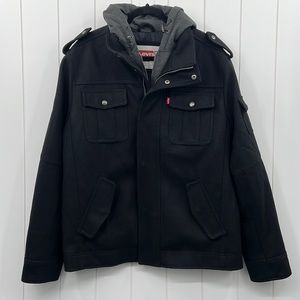 Levi’s Wool Double Zip Hooded Coat Black Gray Quilted W/Pockets Cinch Hood Large